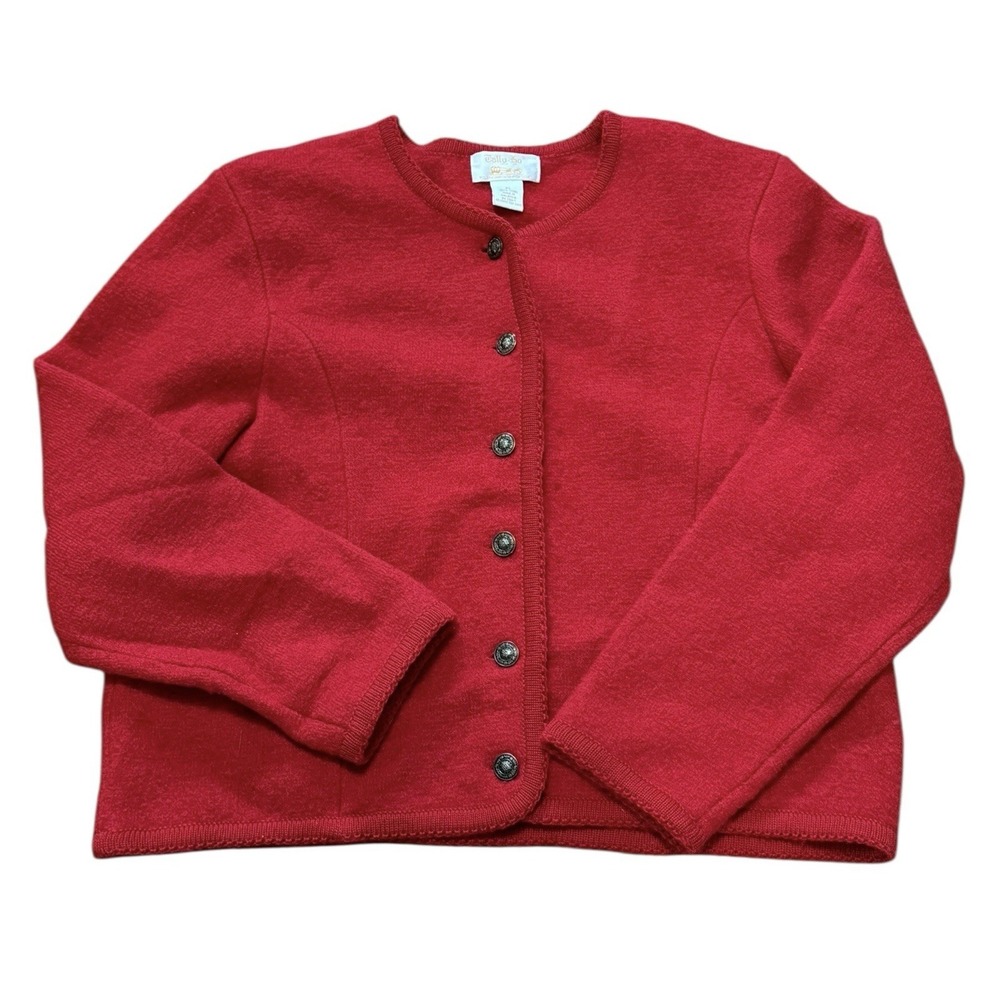 VTG Tally Ho Classic Preppy 100% Wool Button Front Sweater Jacket Red SZ XL